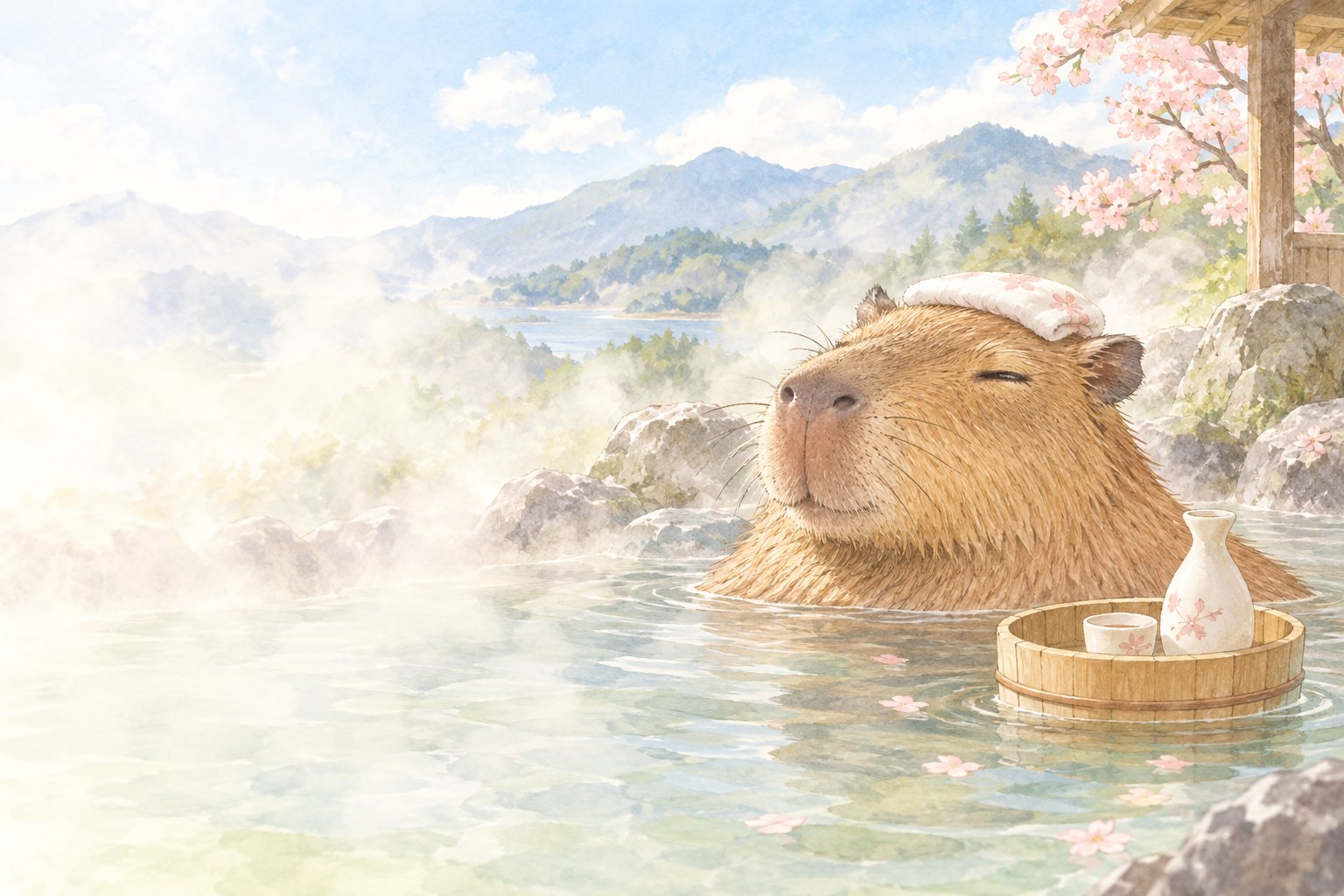 露天風呂で目を細めるカピバラと、桶に浮かぶ徳利とおちょこのイラスト