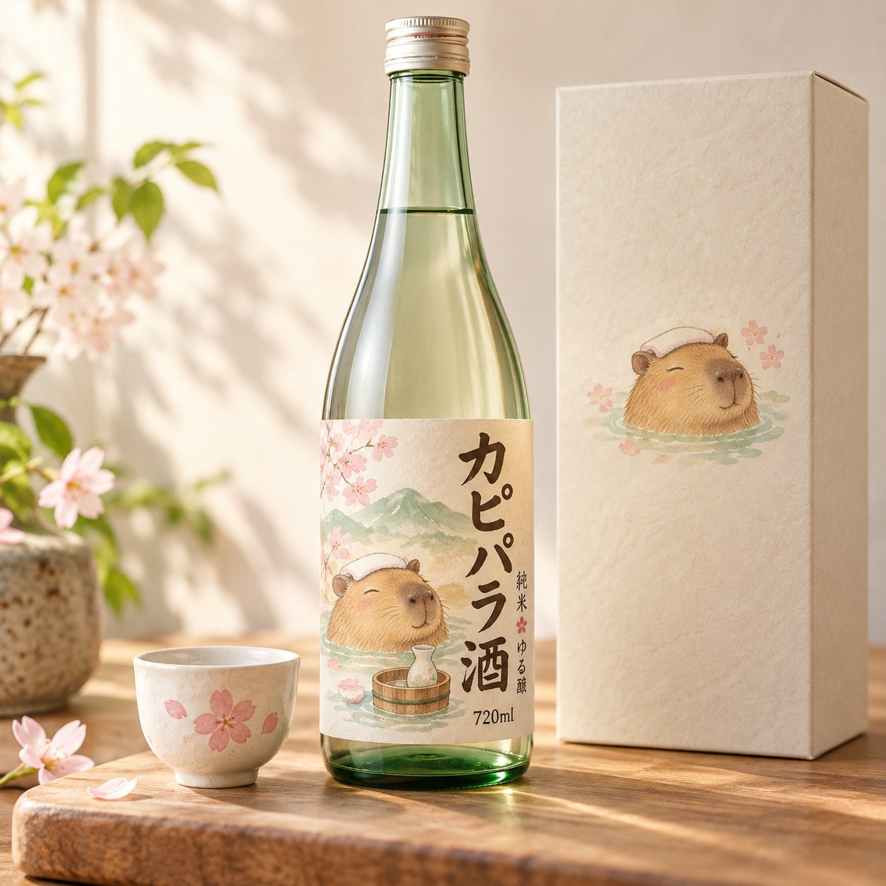 カピパラ酒 純米ゆる醸 720mlの瓶と化粧箱とおちょこ